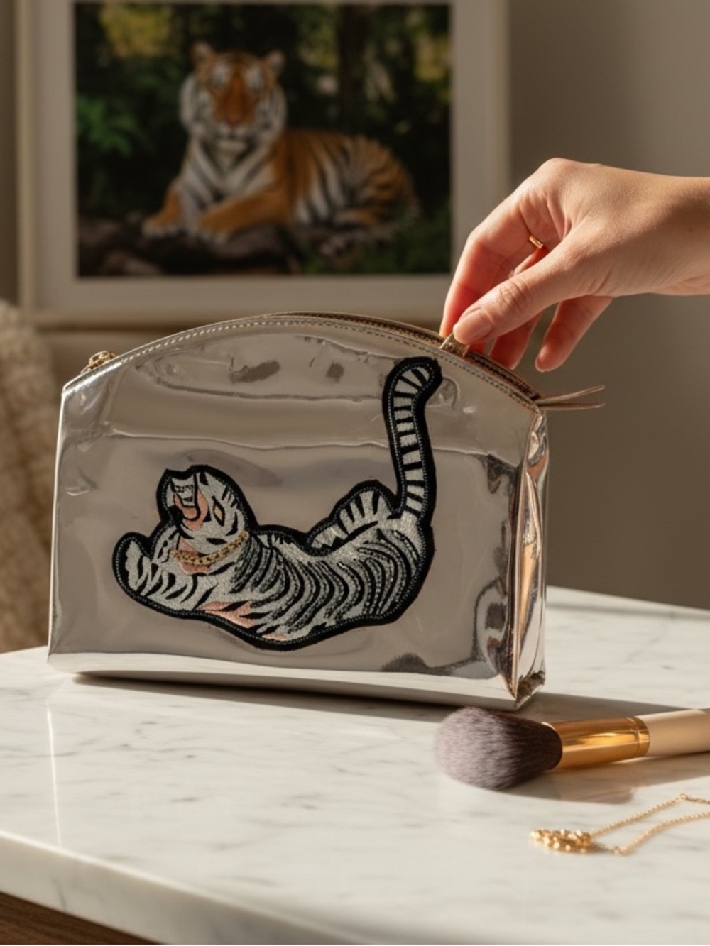 Silver Metallic Clutch with Embroidered Tiger Patch